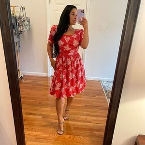 ModCloth What'S The Scoop A-Line Dress Red Floral Short Sleeve Dress | SZ M